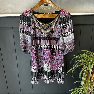 Uniform JPR Top M Black Pink Blue Silky Boho Beaded‎ Neckline Blouse size XL